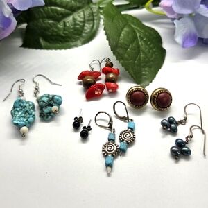 Stone and Pearl Pierced Earrings, 6 Pairs